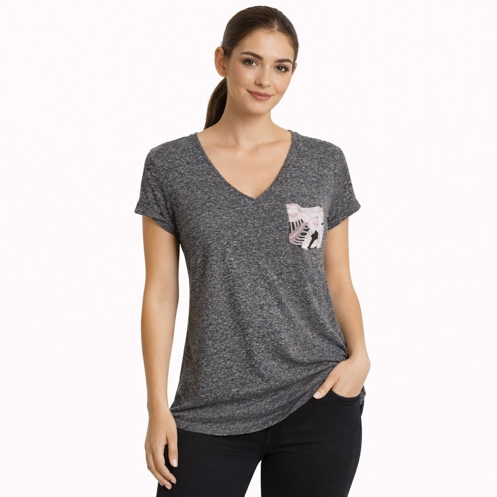 Women's Gray V-Neck Top with Pink Accent